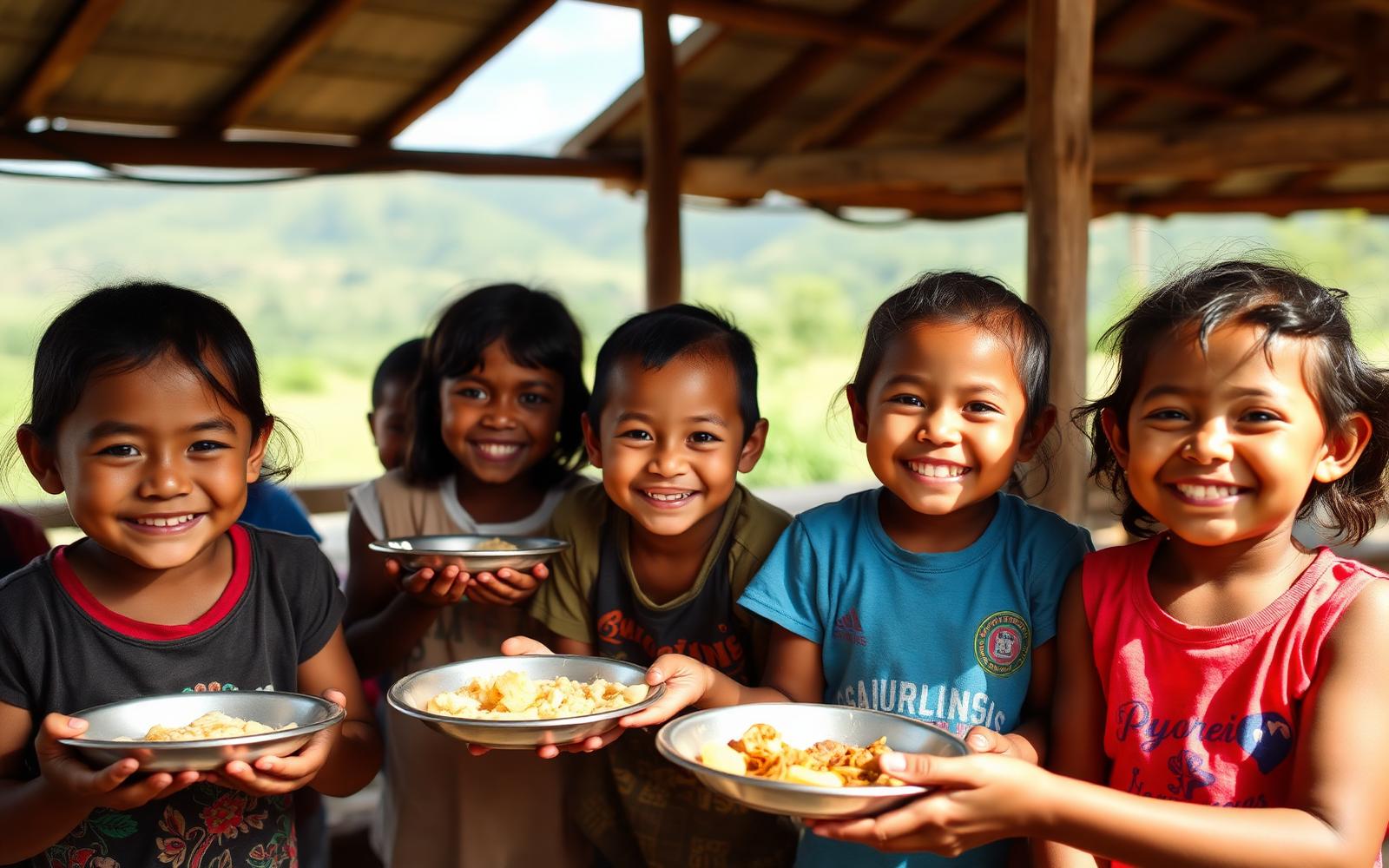 Niños de comunidad rural colombiana recibiendo alimentación